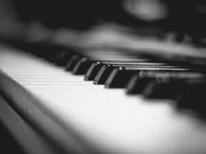 Elegant black and white close-up of piano keys, showcasing a monochrome artistic view.